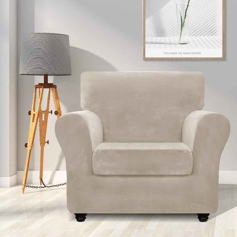 ZNSAYOTX Luxury Velvet Chair Slipcovers with Arms 2 Piece Stretch Chair Covers for Living Room Thick Soft Armchair Slipcover Anti Slip Dog Pet Friendly Furniture Protector (Khaki),30"-47"(1 Cushion) - Image 2